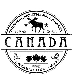 circular design resembling a coin with canada written in the center and a moose icon above